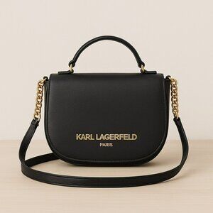 Karl Lagerfeld Paris Leather Crossbody Bag With Gold Chain Accents & Logo